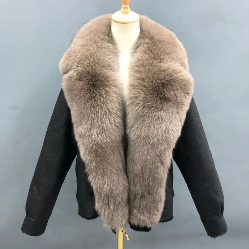 Fox fur collar leather women's coatColor:Brown