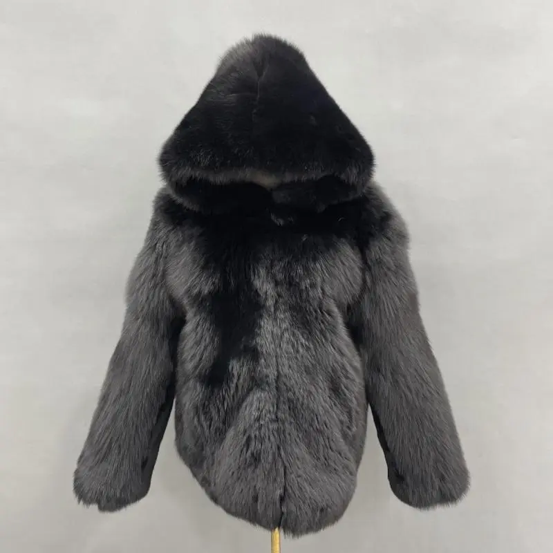 Winter real fox fur thick coat unisex hoodieColor:Black