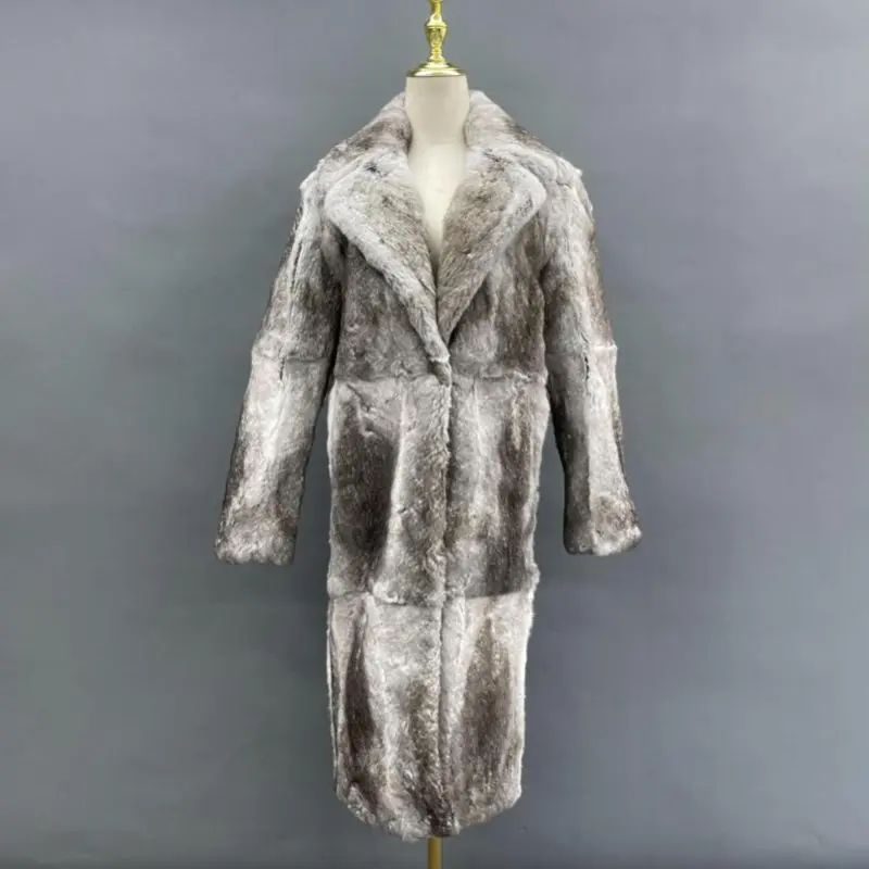 High Quality Men's Real Natural Fur Long Coat With Lapel Men's Rabbit Fur CoatColor:Grey