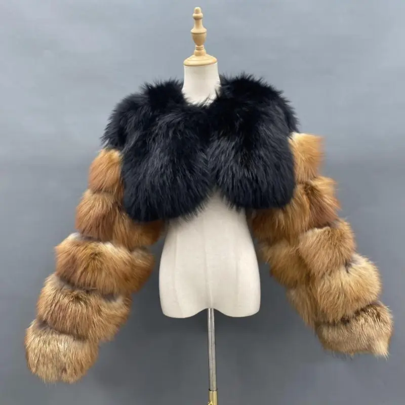 Short Style Women Real Fur Coat Fashion Ladies Long Sleeve Pink Natural Fox Fur JacketColor:Brown