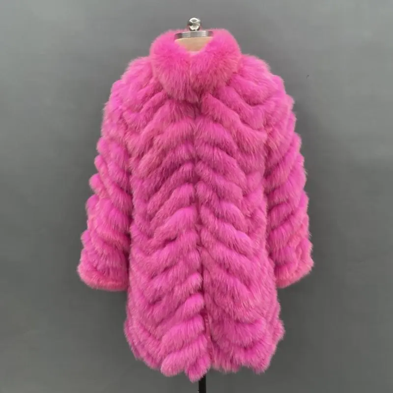 Women's long coat with fox fur in multiple colors on both sidesColor:Dark pink