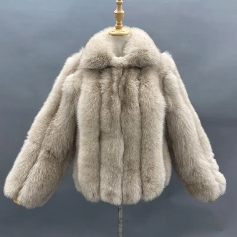 Lapel plush vertical stripe real fox fur coatColor:Beige