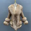 Women Fashion Coats Elegant Side Pockets Female Casual Fox Fur Leather JacketColor:Brown