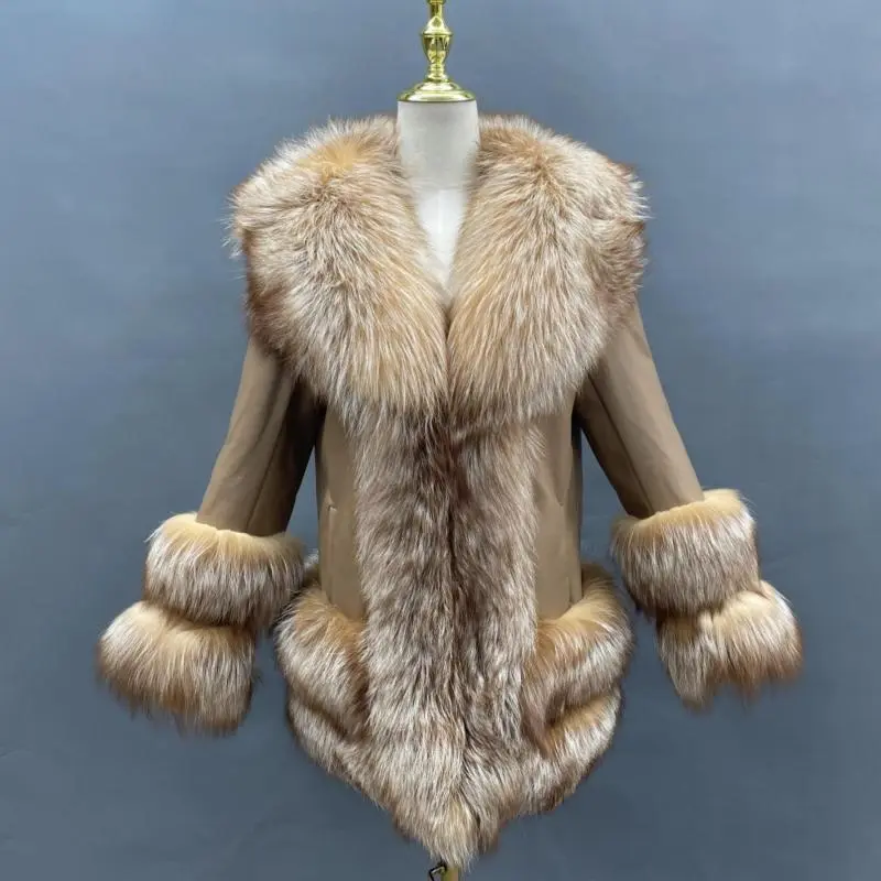 Women Fashion Coats Elegant Side Pockets Female Casual Fox Fur Leather JacketColor:Brown