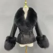 Genuine fur collar women's warm leather fox fur cuffs leather jacketColor:Black