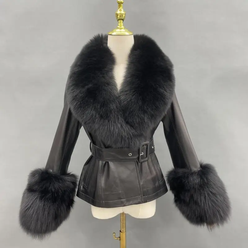 Genuine fur collar women's warm leather fox fur cuffs leather jacketColor:Black