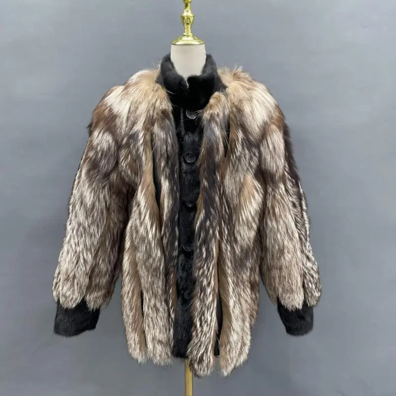 Mink placket men's warm real fur silver fox coatColor:Brown