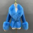 Genuine fur collar women's warm leather fox fur cuffs leather jacketColor:Bright blue
