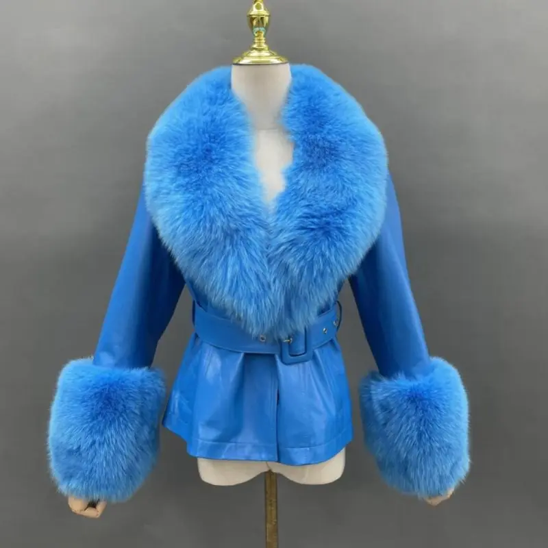 Genuine fur collar women's warm leather fox fur cuffs leather jacketColor:Bright blue