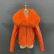 Women's short fox fur collar bright leather coatColor:Orange