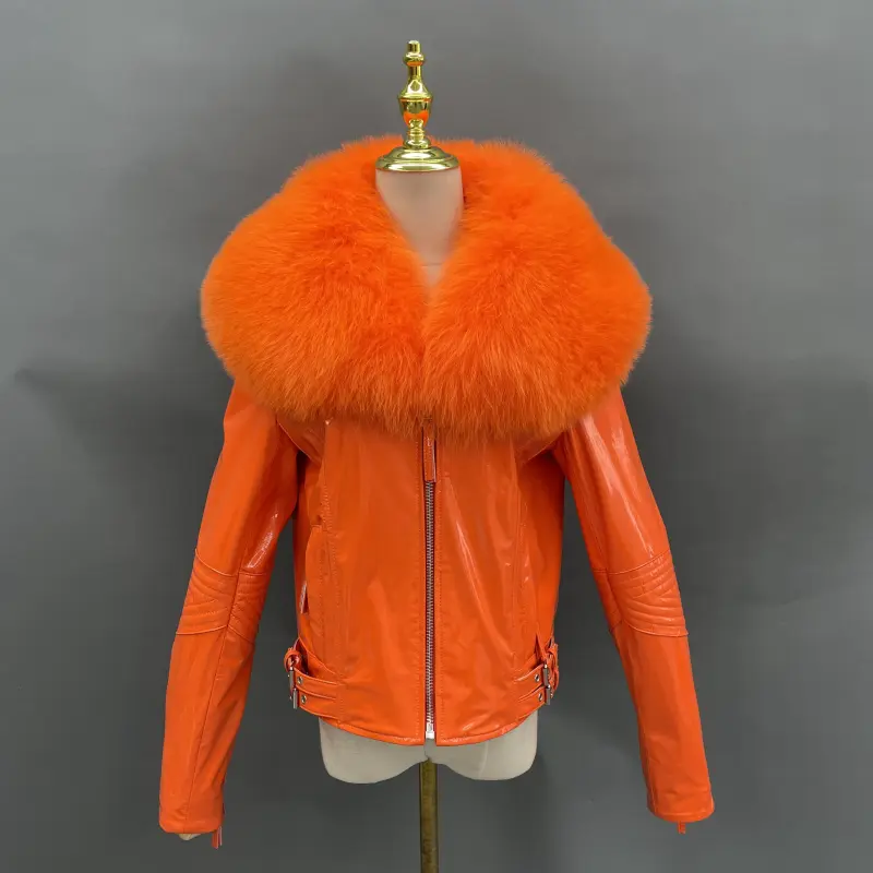 Women's short fox fur collar bright leather coatColor:Orange
