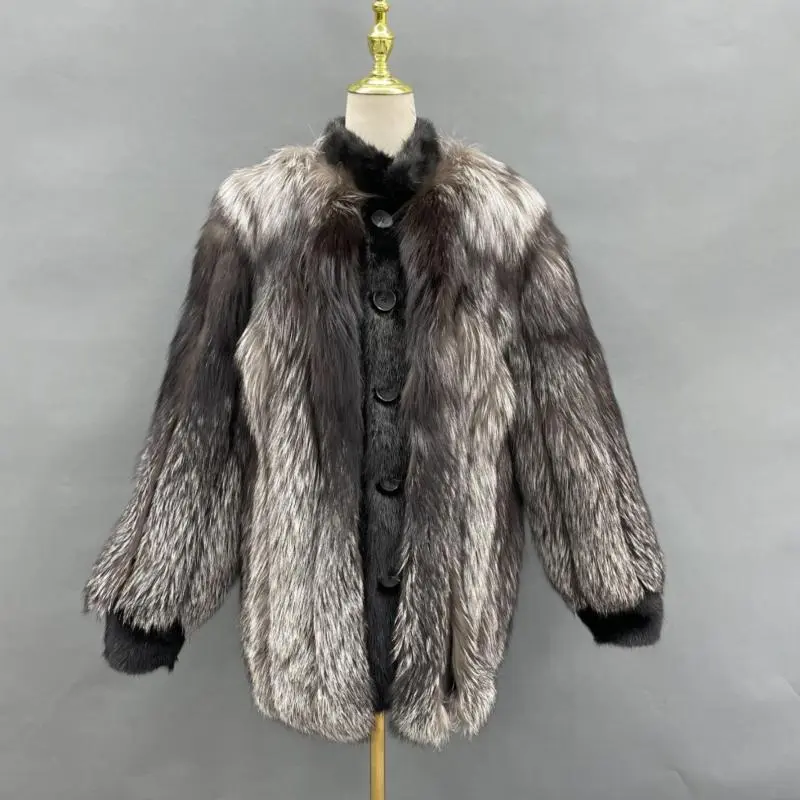 Mink placket men's warm real fur silver fox coatColor:Grey