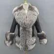 Women Fashion Coats Elegant Side Pockets Female Casual Fox Fur Leather JacketColor:Black