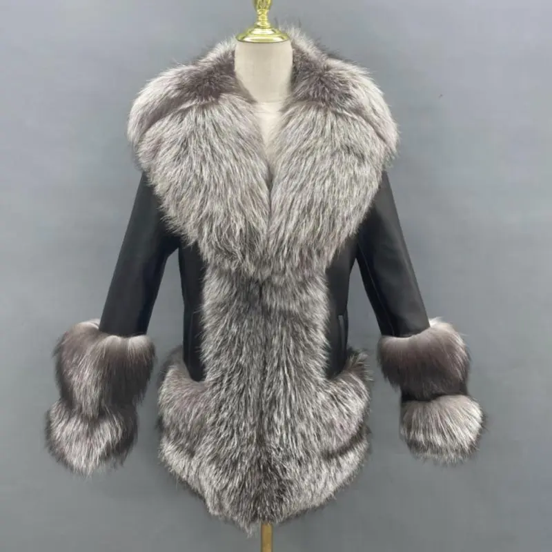 Women Fashion Coats Elegant Side Pockets Female Casual Fox Fur Leather JacketColor:Black