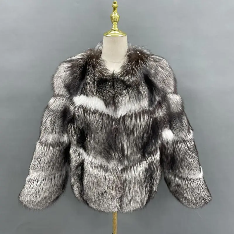 Luxury winter silver fox collar women's jacket jacketColor:Grey