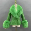Genuine fur collar women's warm leather fox fur cuffs leather jacketColor:Green