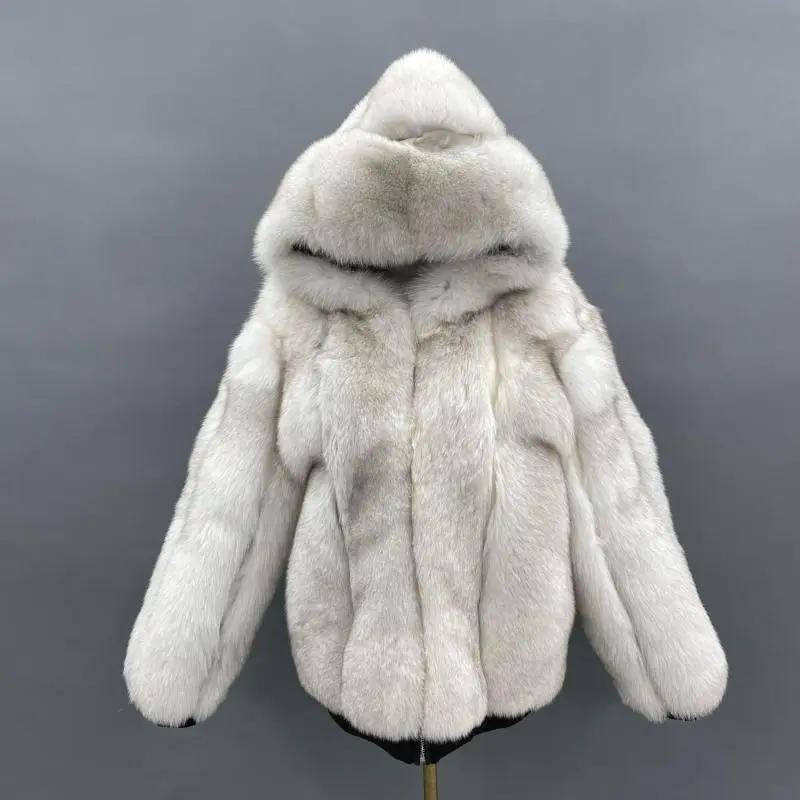 Men's fashion design fox leather jacket hood casual style coatColor:White