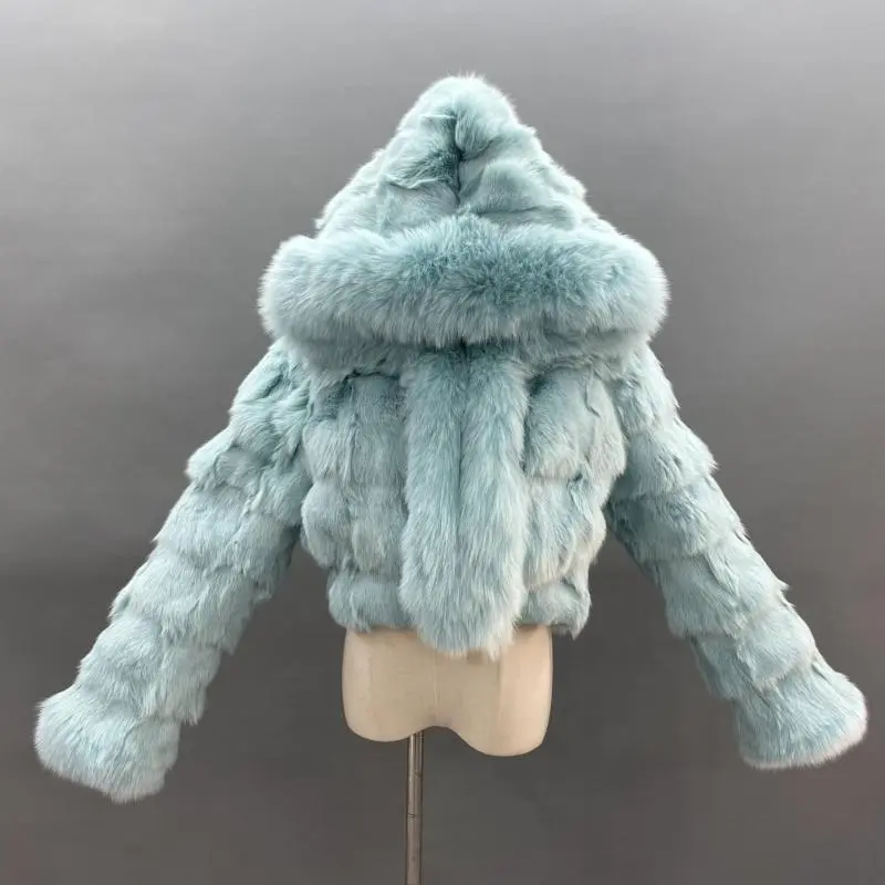 Luxury women's winter short leather straw hooded coatColor:Aqua