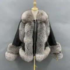 Women's leather coat with fox fur collar zipperColor:Grey