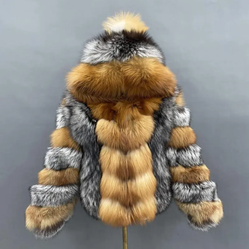 Winter real fox fur women's fur coat with hatColor:Color matching