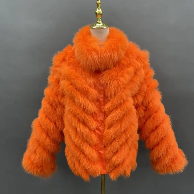 Removable collar double-sided women's silk fabric winter fox fur short coatColor:Orange