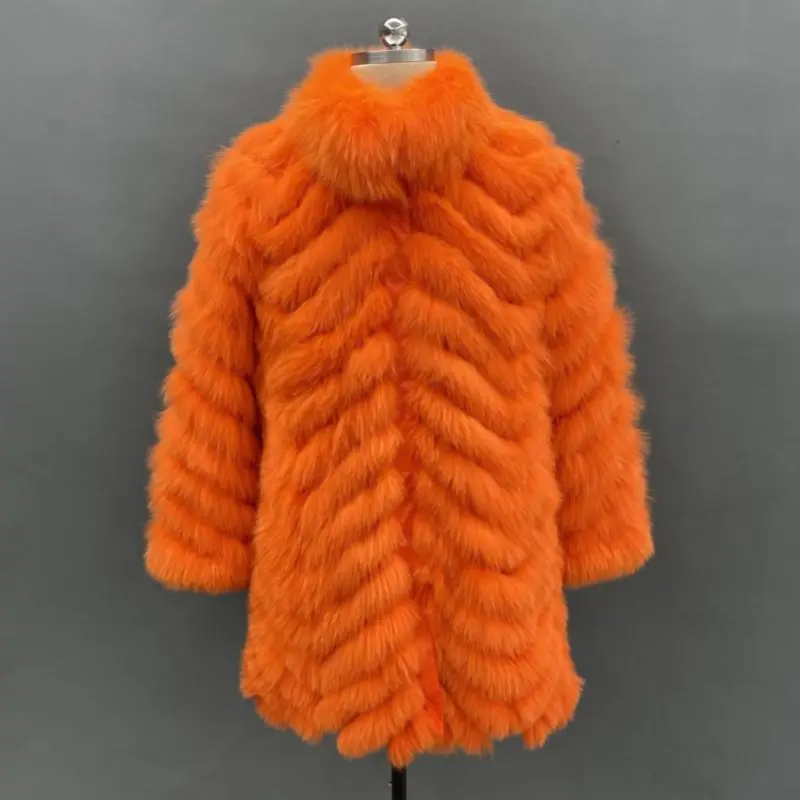 Women's long coat with fox fur in multiple colors on both sidesColor:Orange