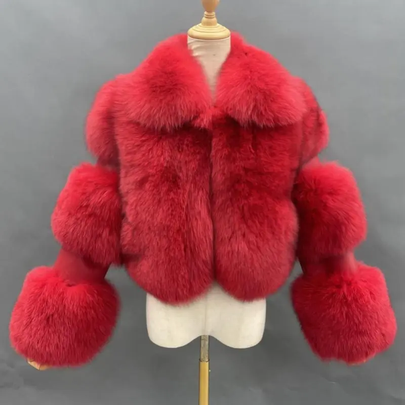 Women's lapel luxury fox jacket full fur solid color short styleColor:Red