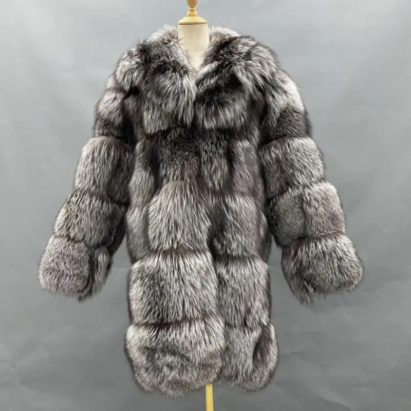 Long high-quality men's winter fur coat Fashion silver fox fur coatColor:Grey