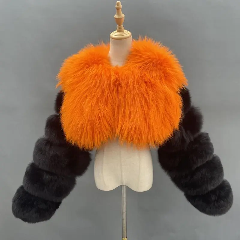 Short Style Women Real Fur Coat Fashion Ladies Long Sleeve Pink Natural Fox Fur JacketColor:Orange