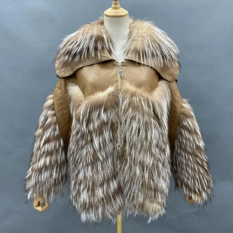 Winter women's oversized sheepskin leather real fox fur women's coat fashion jacketColor:Brown