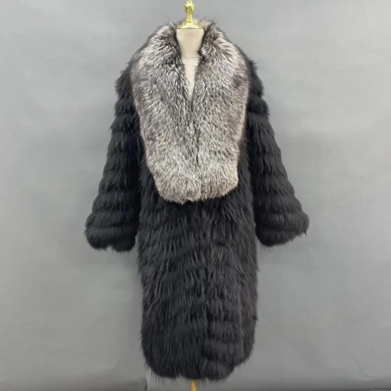 Big gray wolf fur collar luxury winter super natural raccoon fur coatColor:Black