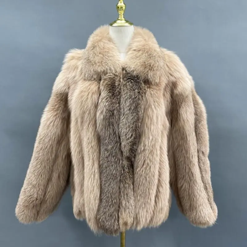 Men's warm fox fur coat vertical stripe high-quality coatColor:Brown
