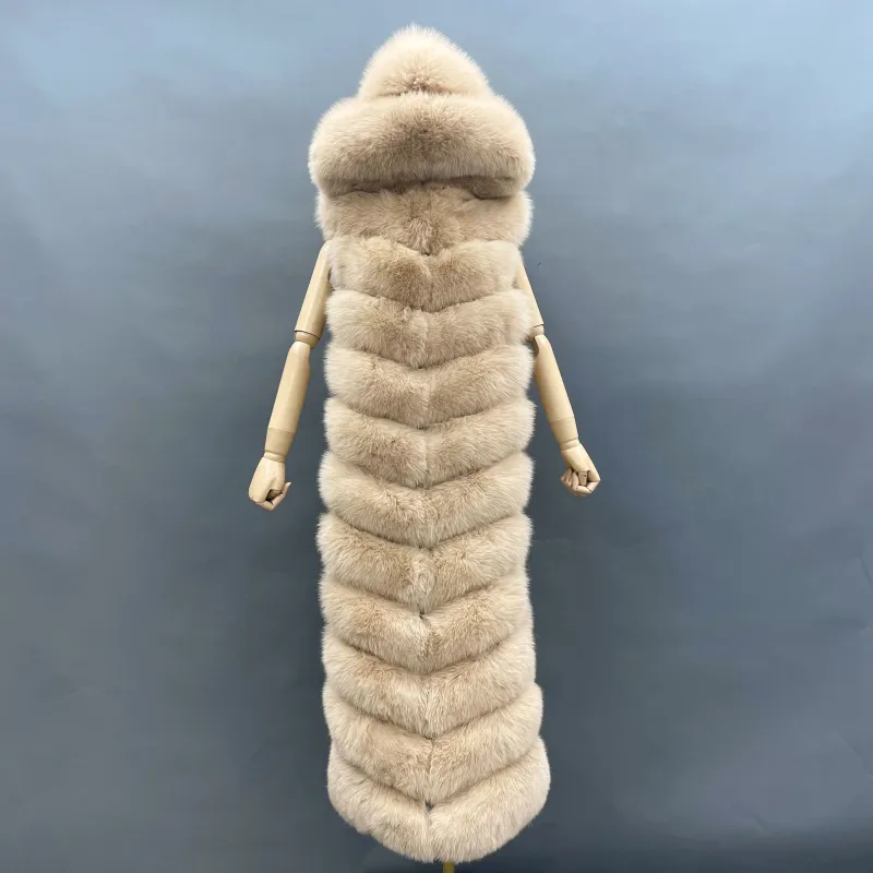 Solid color long real fox fur cape with capColor:Light brown