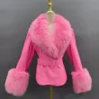Genuine fur collar women's warm leather fox fur cuffs leather jacketColor:Pink