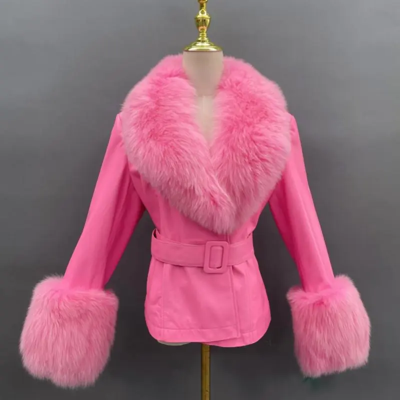 Genuine fur collar women's warm leather fox fur cuffs leather jacketColor:Pink
