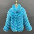 Removable collar double-sided women's silk fabric winter fox fur short coatColor:Blue