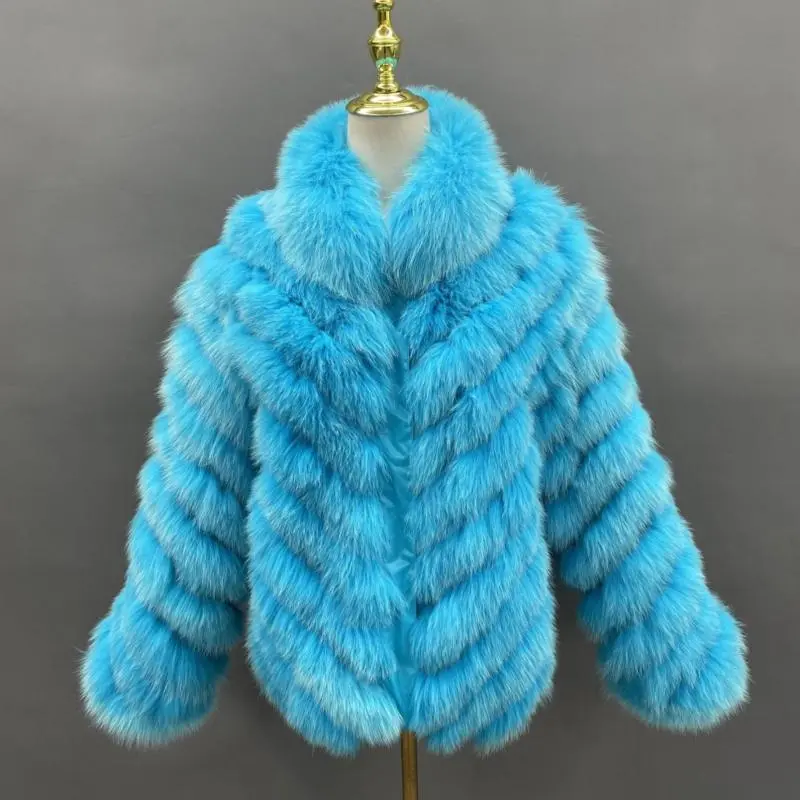 Removable collar double-sided women's silk fabric winter fox fur short coatColor:Blue