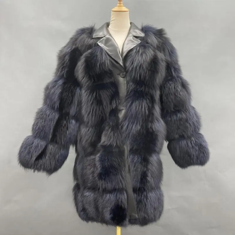 Leather collar real fur coat jacket winter clothing button placket fox furColor:Black