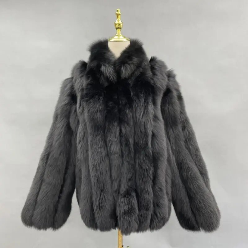 Unisex stand collar vertical stripe real fox fur thick coatColor:Black