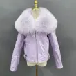 Women's short fox fur collar bright leather coatColor:Purple