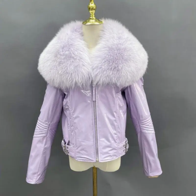 Women's short fox fur collar bright leather coatColor:Purple