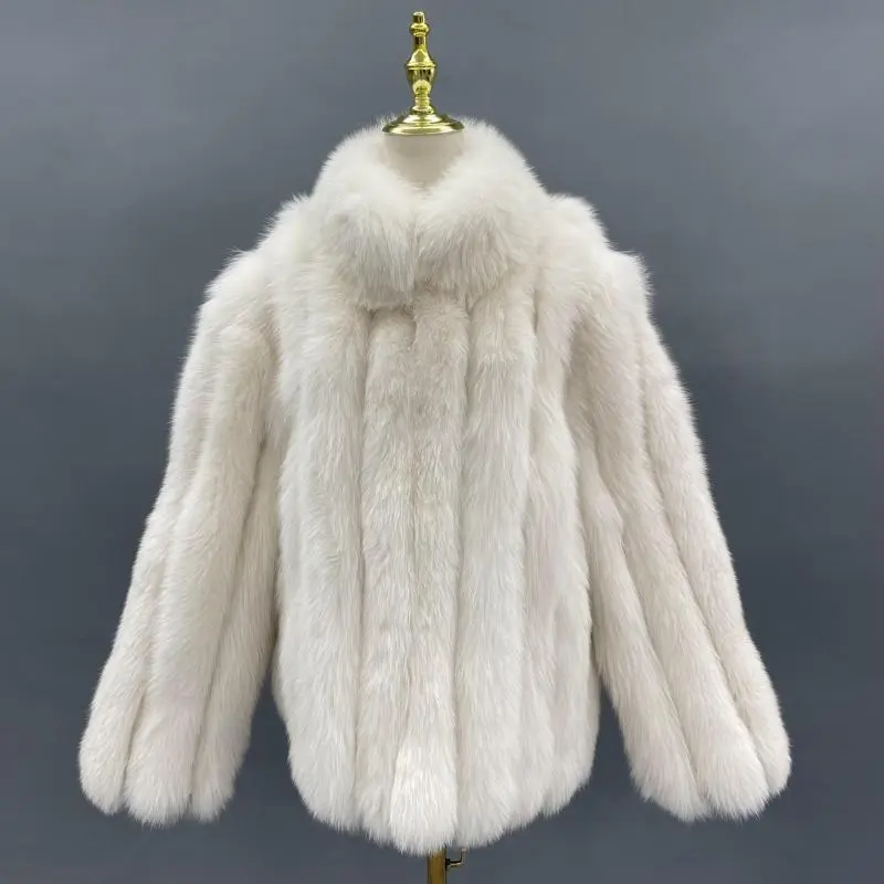 Unisex stand collar vertical stripe real fox fur thick coatColor:White