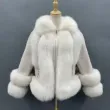 Women's leather coat with fox fur collar zipperColor:White