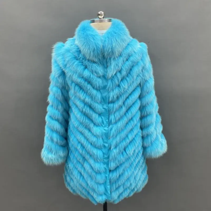 Women's long autumn and winter coat with fox fur on both sidesColor:Blue
