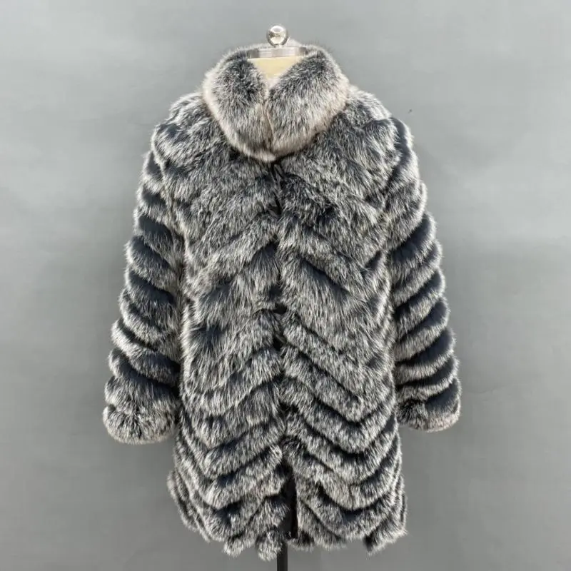 Women's long coat with fox fur in multiple colors on both sidesColor:Black