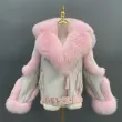 Custom Design Fox Fur Trim Coat Big Fox fur Collar Hooded Women Sheepskin Shearling JacketColor:Pink