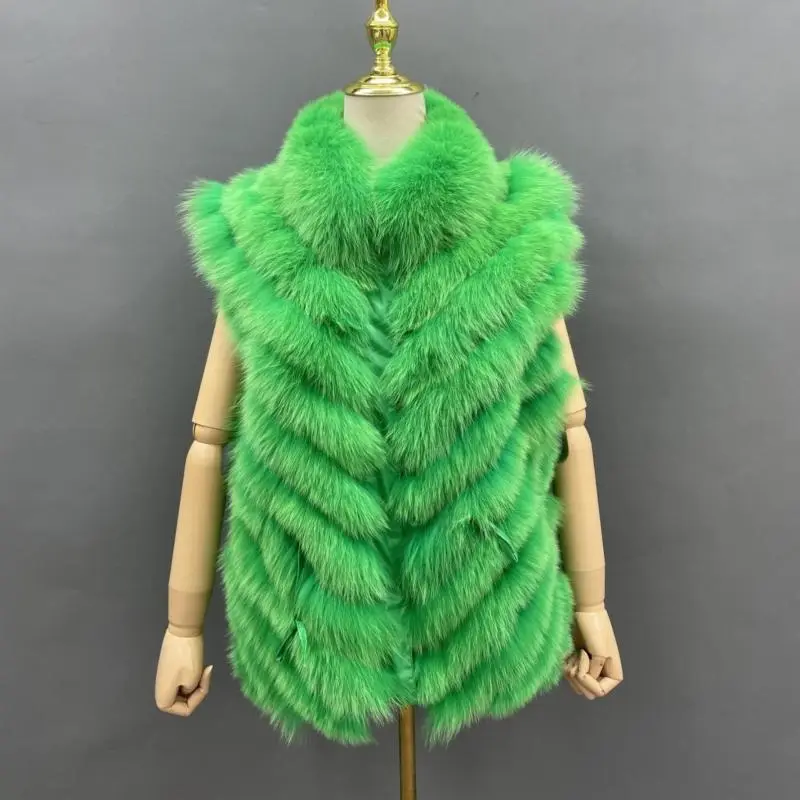 Luxury women's real fox fur double-sided collar detachable fashion vestColor:Green
