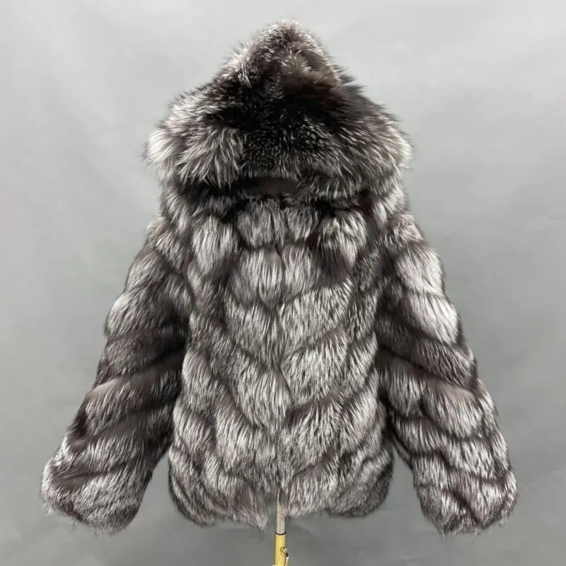 Hooded luxury diagonal stripe fox fur jacket warm men's coatColor:Grey