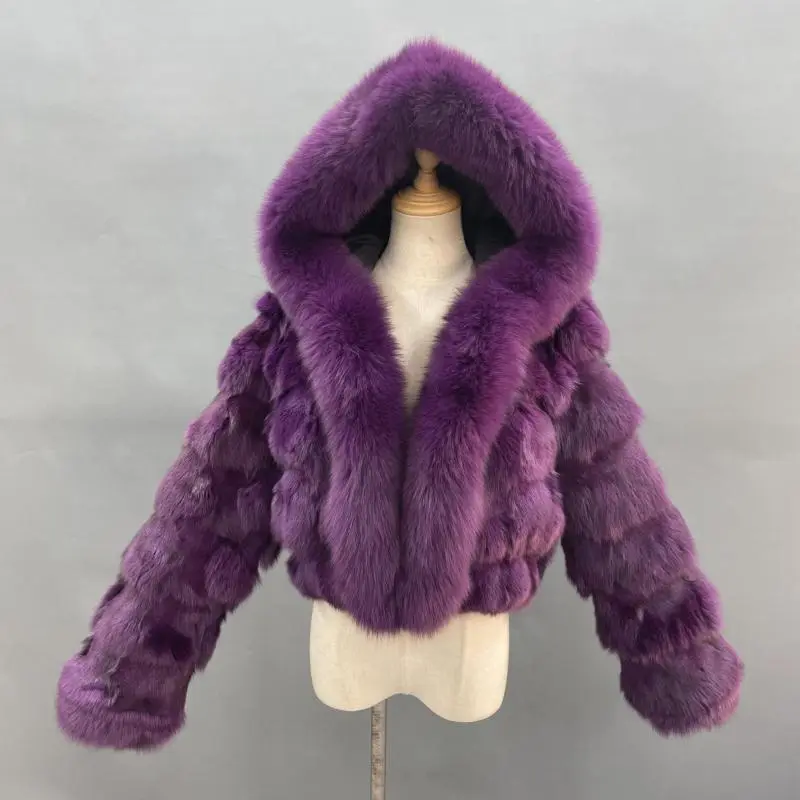 Luxury women's winter short leather straw hooded coatColor:Purple