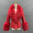 Genuine fur collar women's warm leather fox fur cuffs leather jacketColor:Red